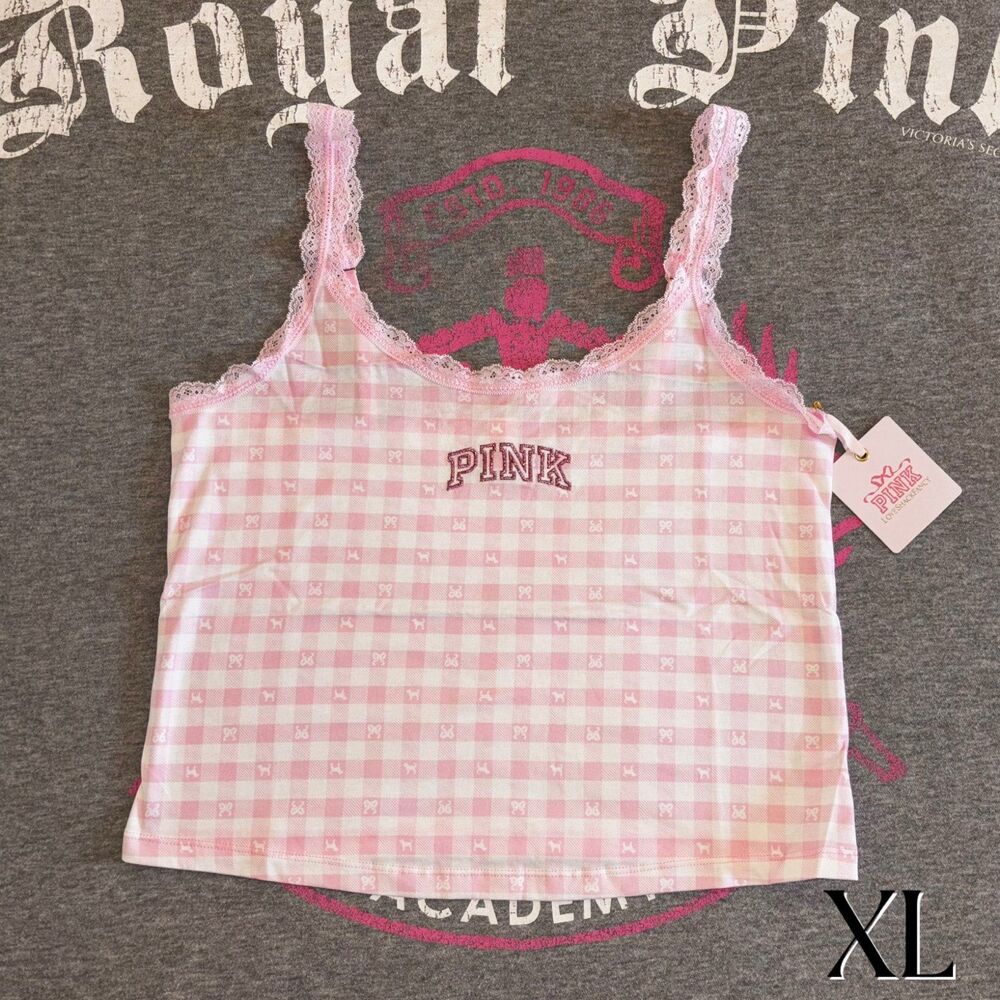 PINK x LoveShackFancy Cotton Cami Tank Top Icon Gingham Pink & White Plaid XL